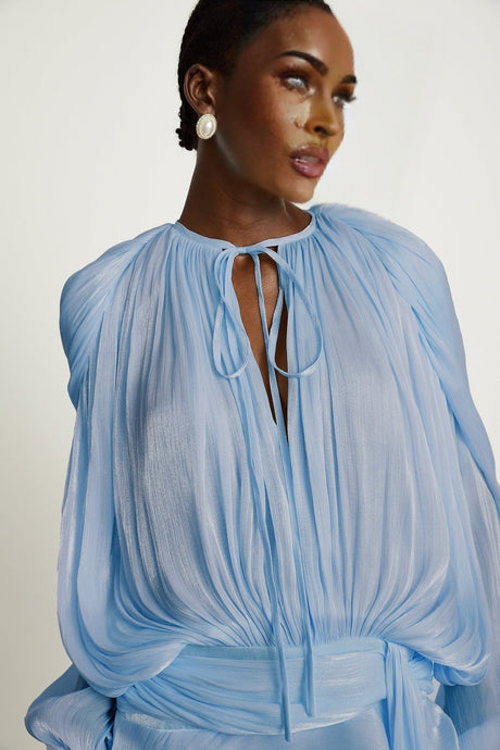 Blue pleated mini dress with ruffles and full skirt