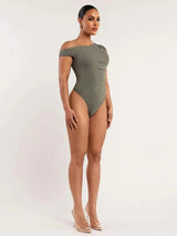 Bodysuit - High Stretch Fabric - Slim Fit - Sleeveless Length - Asymmetrical, Ruched - Casual Style - Natural (mid Waist) Waist Line