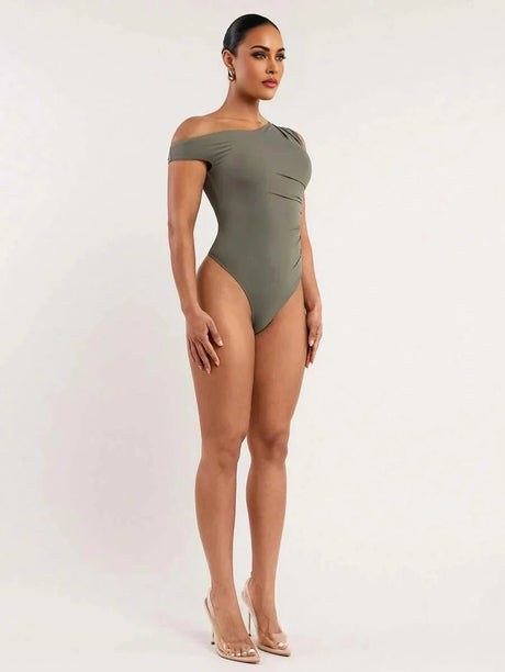 Bodysuit - High Stretch Fabric - Slim Fit - Sleeveless Length - Asymmetrical, Ruched - Casual Style - Natural (mid Waist) Waist Line