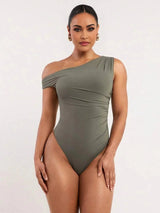 Bodysuit - High Stretch Fabric - Slim Fit - Sleeveless Length - Asymmetrical, Ruched - Casual Style - Natural (mid Waist) Waist Line