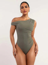 Bodysuit - High Stretch Fabric - Slim Fit - Sleeveless Length - Asymmetrical, Ruched - Casual Style - Natural (mid Waist) Waist Line