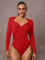 Bodysuit - Knitted Fabric With High Stretch - Slim Fit - Long Sleeve Length - Casual Style - Criss Cross, Ruched, Wrap - Modern Look