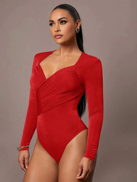 Bodysuit - Knitted Fabric With High Stretch - Slim Fit - Long Sleeve Length - Casual Style - Criss Cross, Ruched, Wrap - Modern Look