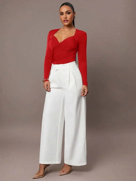 Bodysuit - Knitted Fabric With High Stretch - Slim Fit - Long Sleeve Length - Casual Style - Criss Cross, Ruched, Wrap - Modern Look