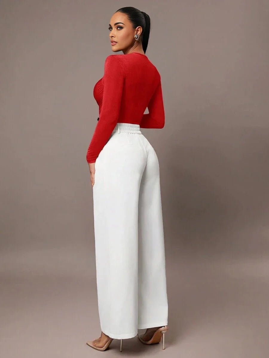 Bodysuit - Knitted Fabric With High Stretch - Slim Fit - Long Sleeve Length - Casual Style - Criss Cross, Ruched, Wrap - Modern Look