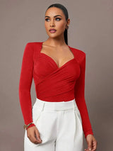 Bodysuit - Knitted Fabric With High Stretch - Slim Fit - Long Sleeve Length - Casual Style - Criss Cross, Ruched, Wrap - Modern Look