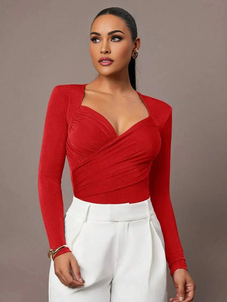 Bodysuit - Knitted Fabric With High Stretch - Slim Fit - Long Sleeve Length - Casual Style - Criss Cross, Ruched, Wrap - Modern Look