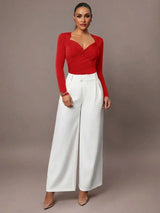 Bodysuit - Knitted Fabric With High Stretch - Slim Fit - Long Sleeve Length - Casual Style - Criss Cross, Ruched, Wrap - Modern Look