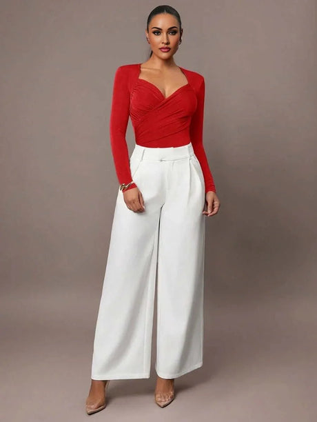 Bodysuit - Knitted Fabric With High Stretch - Slim Fit - Long Sleeve Length - Casual Style - Criss Cross, Ruched, Wrap - Modern Look