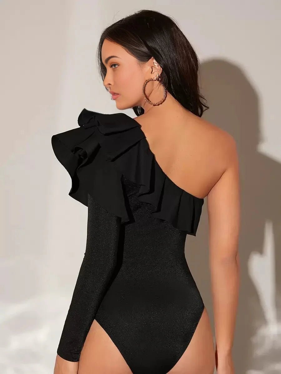 Bodysuit - Party Style - Slim Fit - Long Sleeve Length - Knitted Fabric - Asymmetrical Neckline - Premium Quality - Comfortable Design