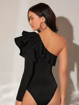 Bodysuit - Party Style - Slim Fit - Long Sleeve Length - Knitted Fabric - Asymmetrical Neckline - Premium Quality - Comfortable Design