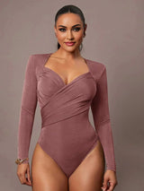 Bodysuit - Slim Fit - Casual Style - High Stretch Fabric - Long Sleeve Length - Criss Cross, Ruched, Wrap - Natural Waist Line