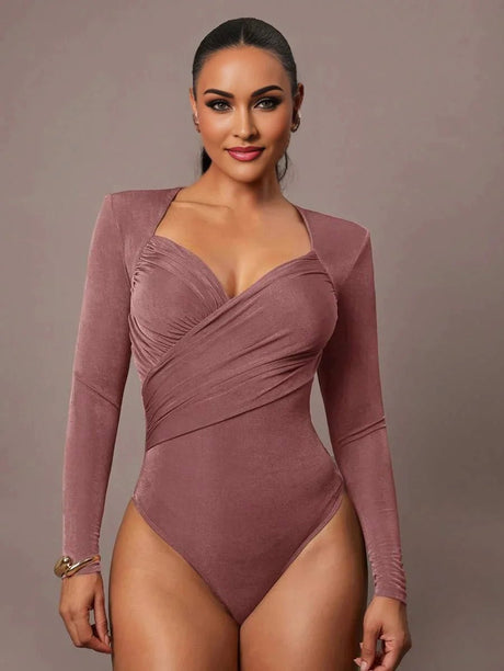 Bodysuit - Slim Fit - Casual Style - High Stretch Fabric - Long Sleeve Length - Criss Cross, Ruched, Wrap - Natural Waist Line