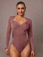 Bodysuit - Slim Fit - Casual Style - High Stretch Fabric - Long Sleeve Length - Criss Cross, Ruched, Wrap - Natural Waist Line