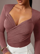 Bodysuit - Slim Fit - Casual Style - High Stretch Fabric - Long Sleeve Length - Criss Cross, Ruched, Wrap - Natural Waist Line