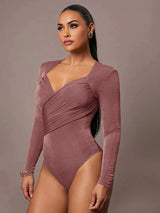 Bodysuit - Slim Fit - Casual Style - High Stretch Fabric - Long Sleeve Length - Criss Cross, Ruched, Wrap - Natural Waist Line