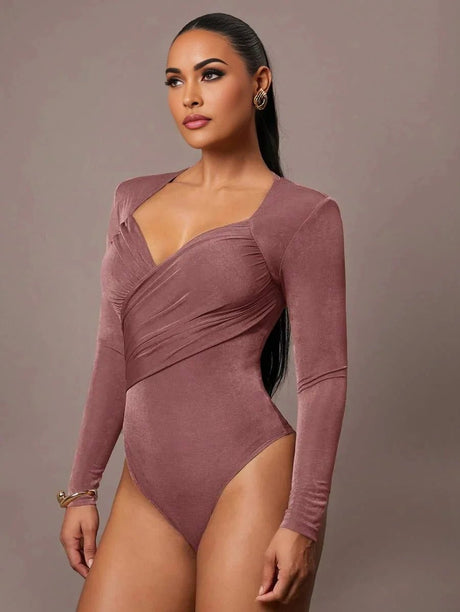 Bodysuit - Slim Fit - Casual Style - High Stretch Fabric - Long Sleeve Length - Criss Cross, Ruched, Wrap - Natural Waist Line