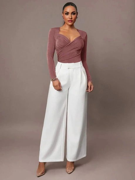 Bodysuit - Slim Fit - Casual Style - High Stretch Fabric - Long Sleeve Length - Criss Cross, Ruched, Wrap - Natural Waist Line