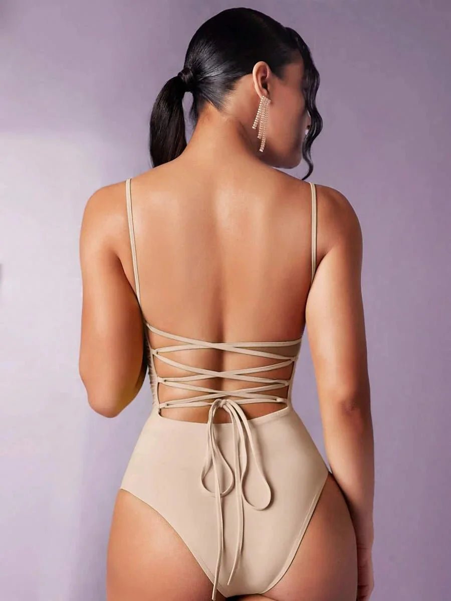 Bodysuit - Slim Fit - High Stretch Fabric Elasticity - Backless, Lace Up - Natural Waist Line (mid Waist) - Sleeveless Length