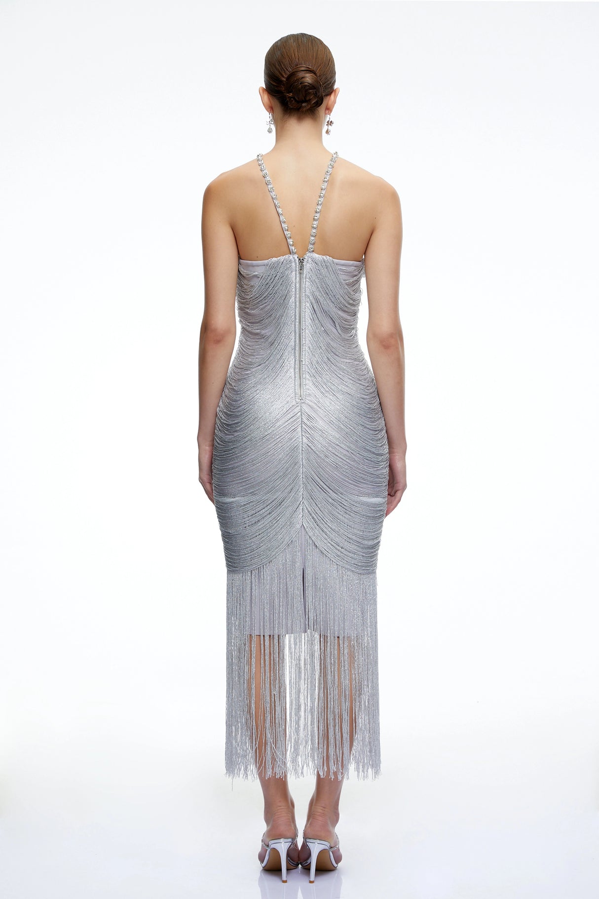 Bohdana Silver Halterneck Midi Dress with Fringe