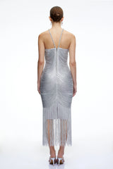 Bohdana Silver Halterneck Midi Dress with Fringe