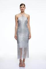 Bohdana Silver Halterneck Midi Dress with Fringe