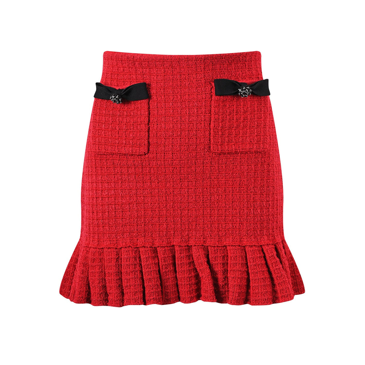 Striking red knitted wool jacket with black trim and decorative bows paired with a matching skirt featuring a flared hem