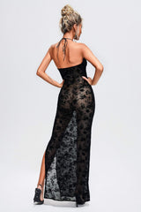 Bonnie Black Floral Halter Maxi Dress with Sheer Overlay and High Slit for Weddings and Parties