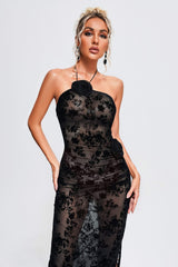 Bonnie Black Floral Halter Maxi Dress with Sheer Overlay and High Slit for Weddings, Evening Parties, and Special Occasions