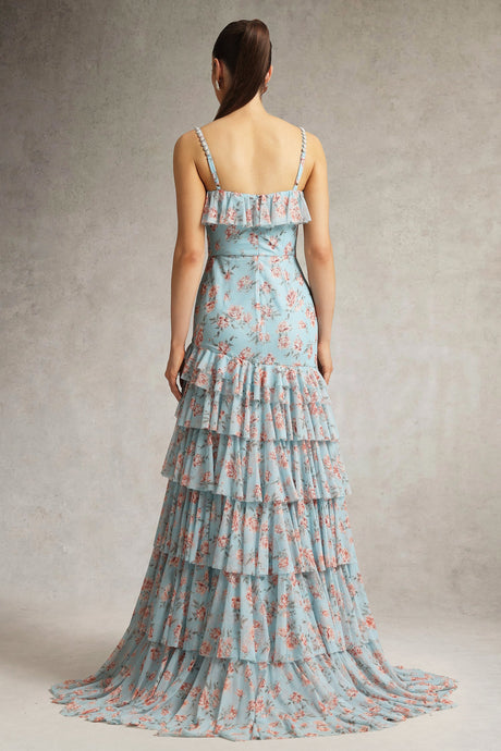 Bonnie Blue Floral Maxi Dress Ruffle Detailing V-Neckline