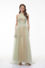 Bonnie Green Cross Front Maxi Dress with 3D Petals