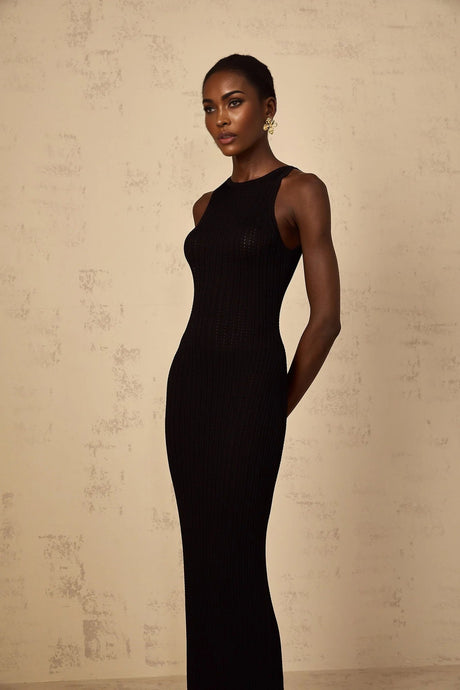 Bonnie Maxi Dress Black Fitted Ribbed - Knit Sleeveless Buttons Length