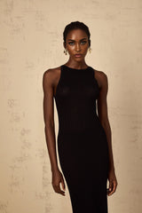 Bonnie Maxi Dress Black Fitted Ribbed - Knit Sleeveless Buttons Length