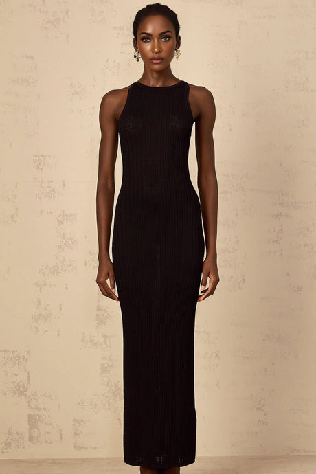Bonnie Maxi Dress Black Fitted Ribbed - Knit Sleeveless Buttons Length