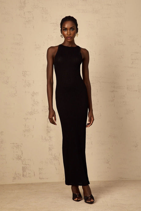 Bonnie Maxi Dress Black Fitted Ribbed - Knit Sleeveless Buttons Length