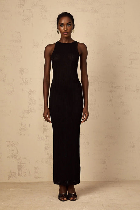Bonnie Maxi Dress Black Fitted Ribbed - Knit Sleeveless Buttons Length