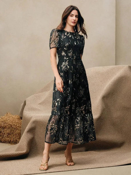 Bonnie Maxi Dress - Round Neck - Puff Sleeve - High Waist - A Line - Elegant