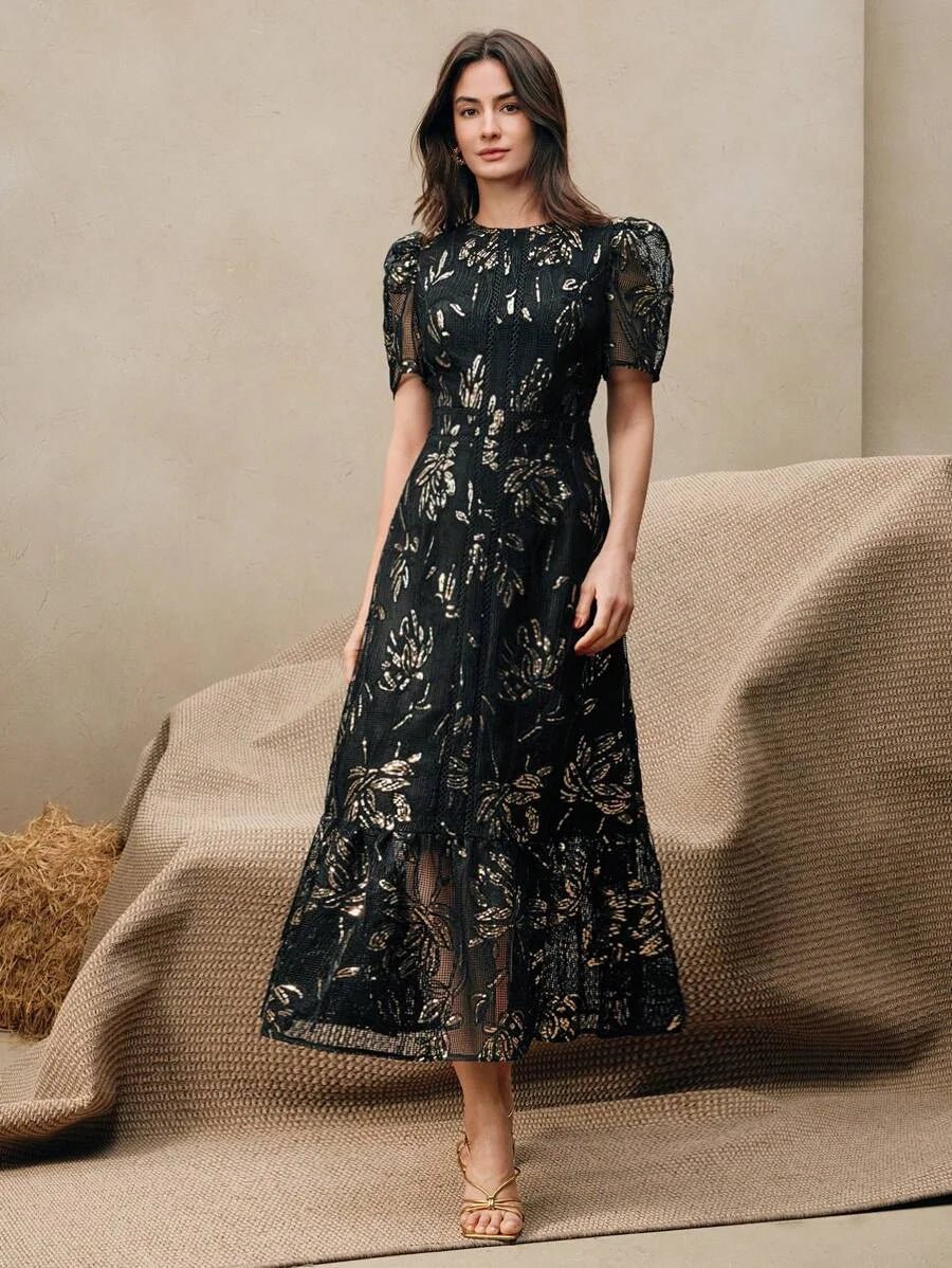 Bonnie Maxi Dress - Round Neck - Puff Sleeve - High Waist - A Line - Elegant