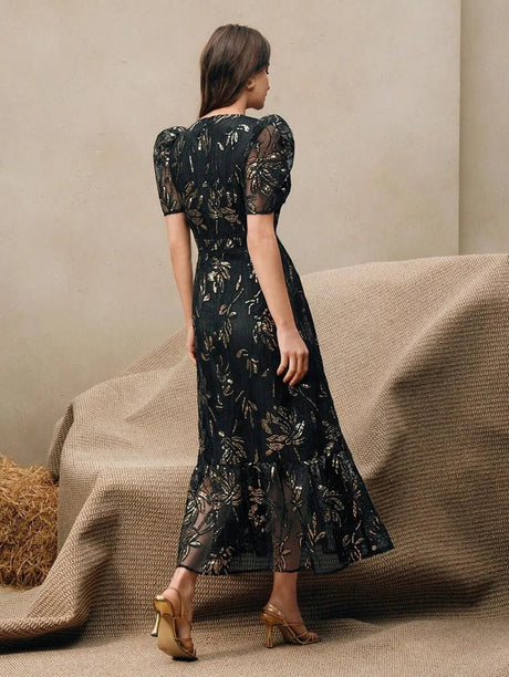 Bonnie Maxi Dress - Round Neck - Puff Sleeve - High Waist - A Line - Elegant