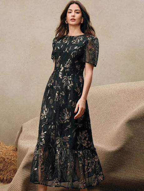 Bonnie Maxi Dress - Round Neck - Puff Sleeve - High Waist - A Line - Elegant
