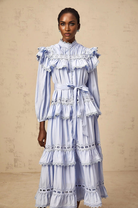 Bonnie Midi Dress Blue Tiered Lace Trim & Cut - Out Detail