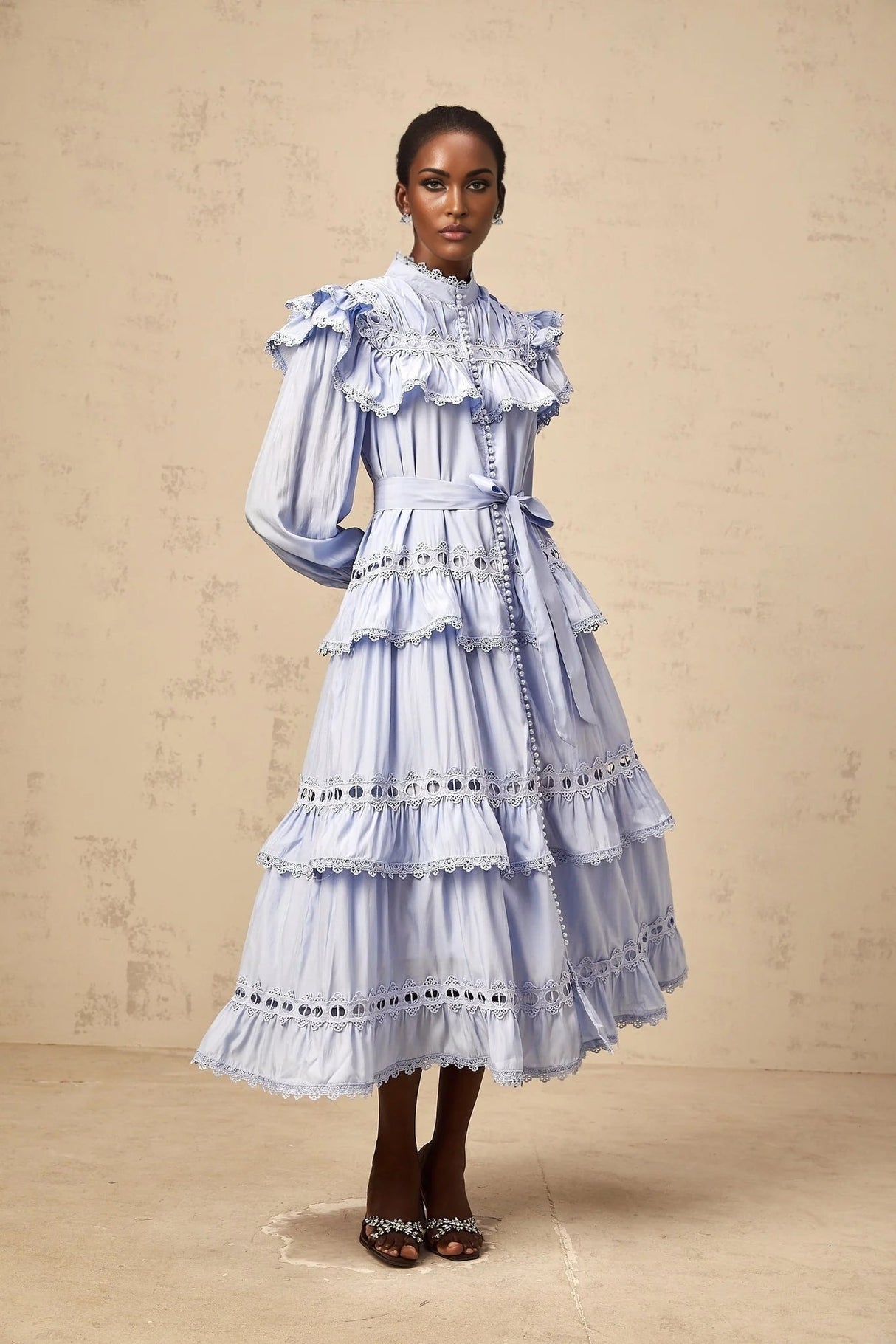 Bonnie Midi Dress Blue Tiered Lace Trim & Cut - Out Detail