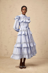 Bonnie Midi Dress Blue Tiered Lace Trim & Cut - Out Detail