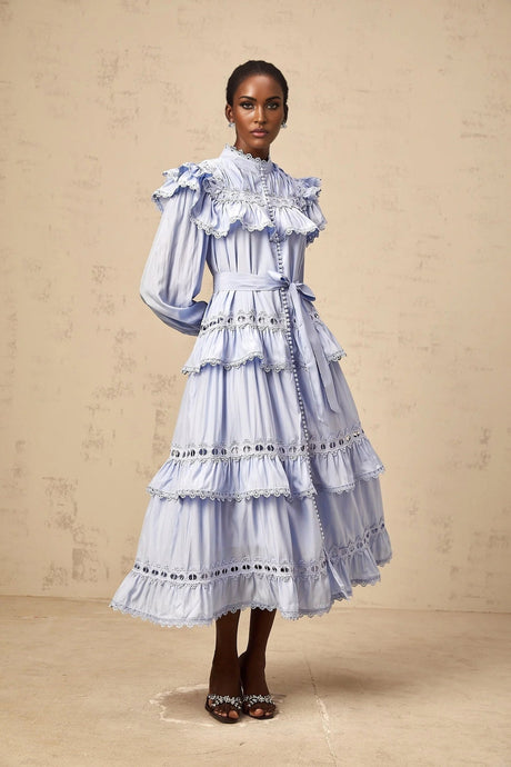 Bonnie Midi Dress Blue Tiered Lace Trim & Cut - Out Detail