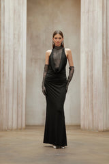 Borbála Black Lace Bodice Ruched Maxi Dress