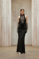 Borbála Black Lace Bodice Ruched Maxi Dress