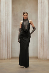 Borbála Black Lace Bodice Ruched Maxi Dress