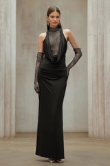 Borbála Black Lace Bodice Ruched Maxi Dress