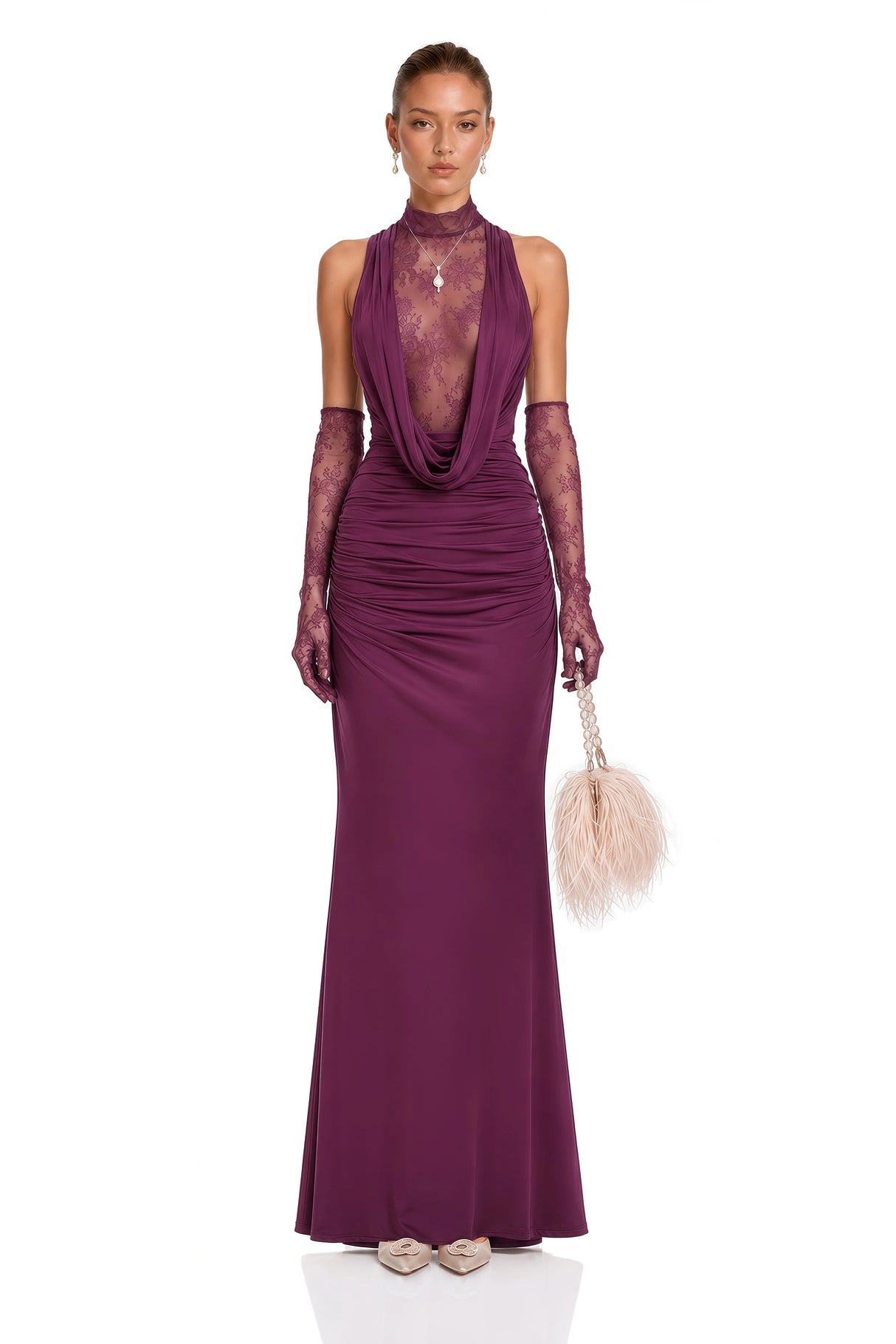 Borbála Magenta Lace Bodice Ruched Maxi Dress