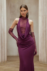 Borbála Magenta Lace Bodice Ruched Maxi Dress